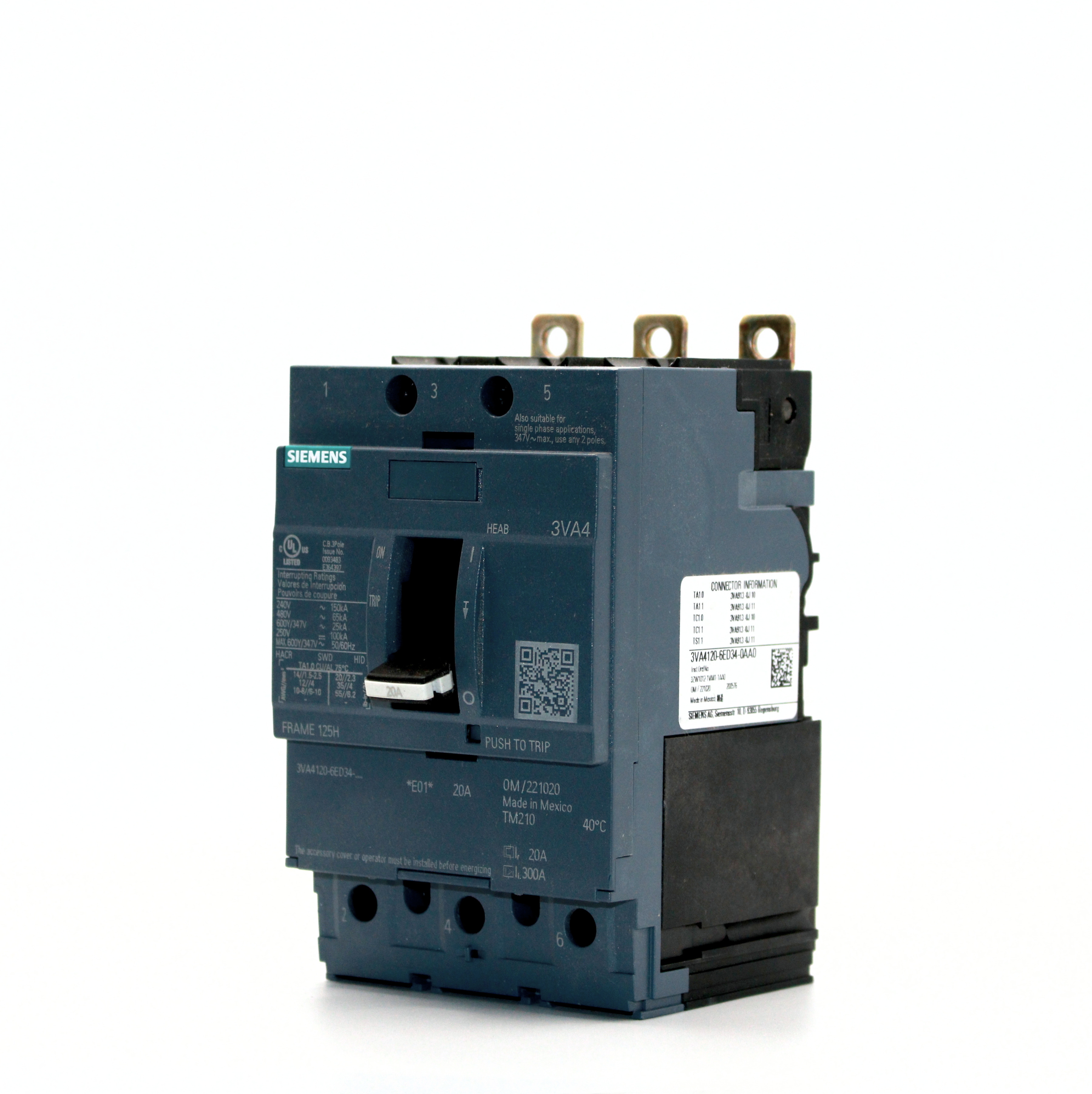 Siemens SENTRON 3VA41 3-Pole Circuit Breaker, 480V, 65kAIC (20A-90A)