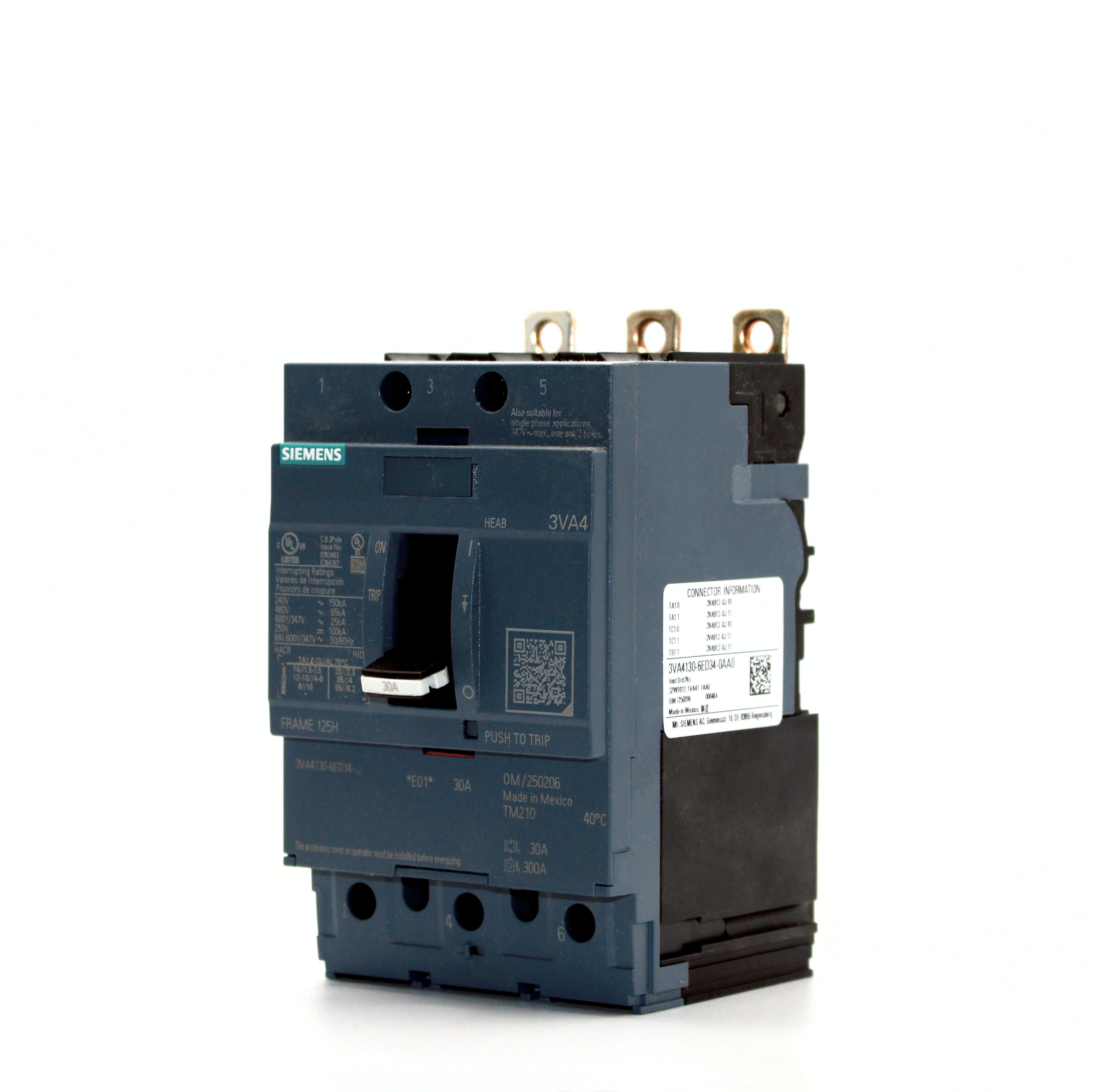 Siemens SENTRON 3VA41 3-Pole Circuit Breaker, 480V, 65kAIC (20A-90A)