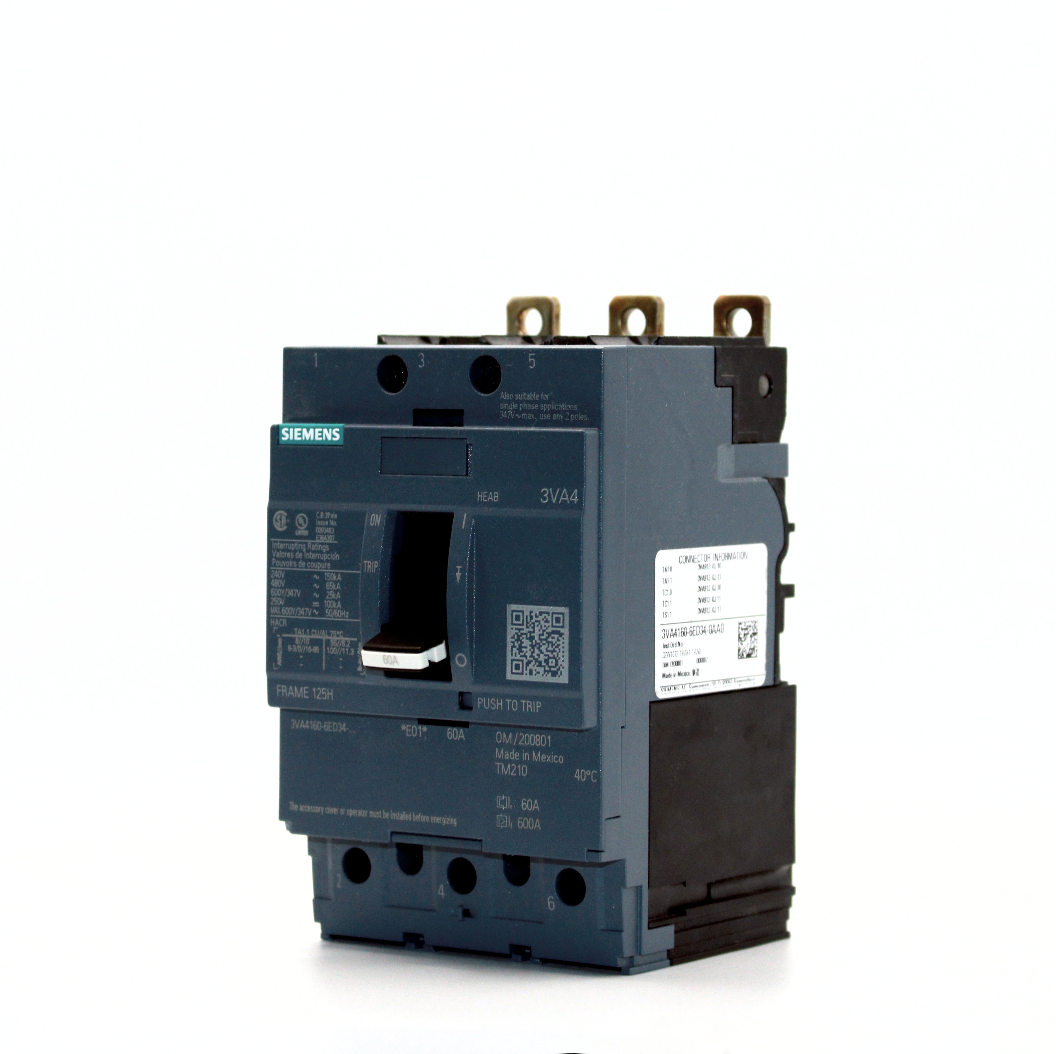 Siemens SENTRON 3VA41 3-Pole Circuit Breaker, 480V, 65kAIC (20A-90A)