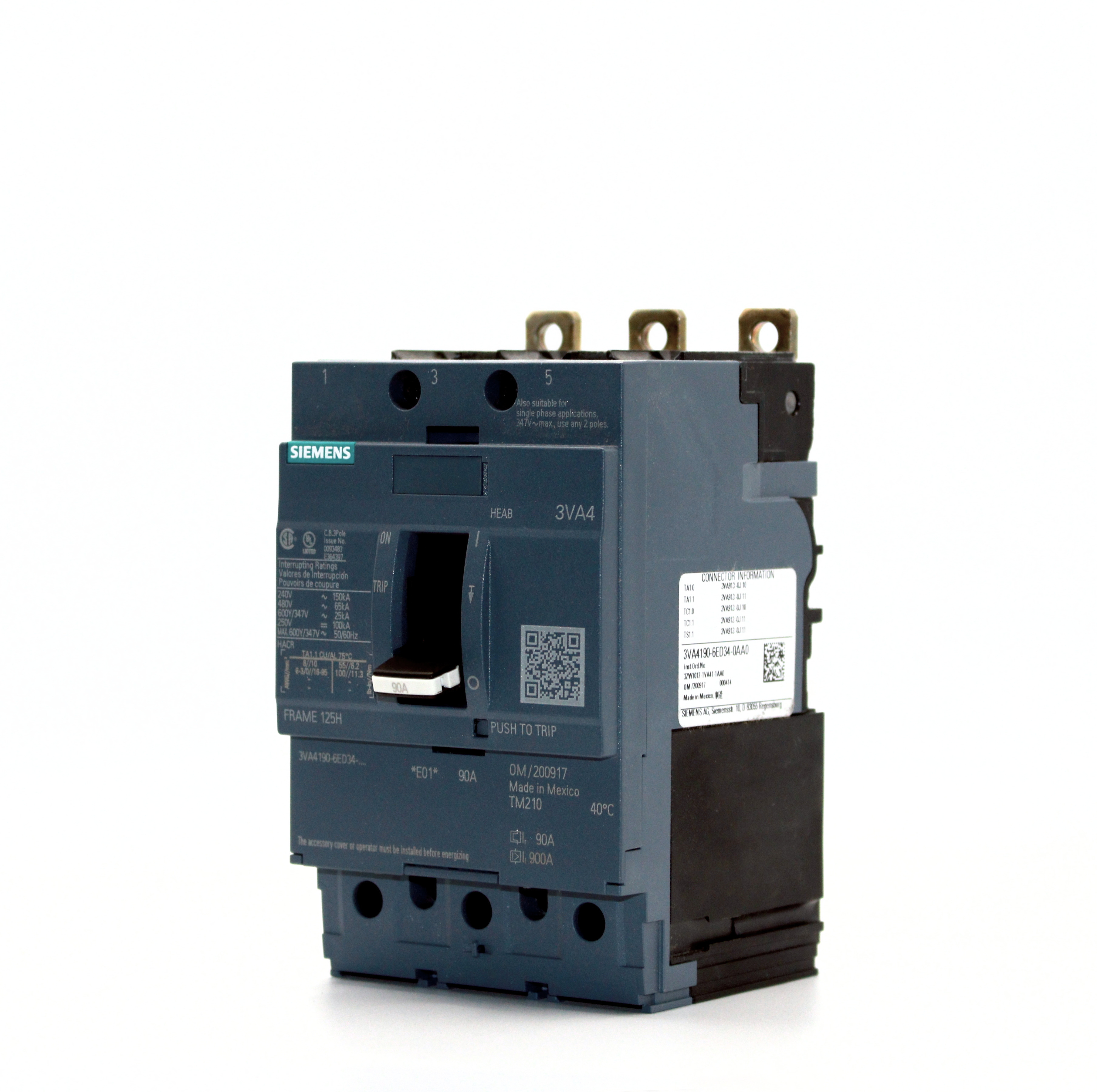 Siemens SENTRON 3VA41 3-Pole Circuit Breaker, 480V, 65kAIC (20A-90A)