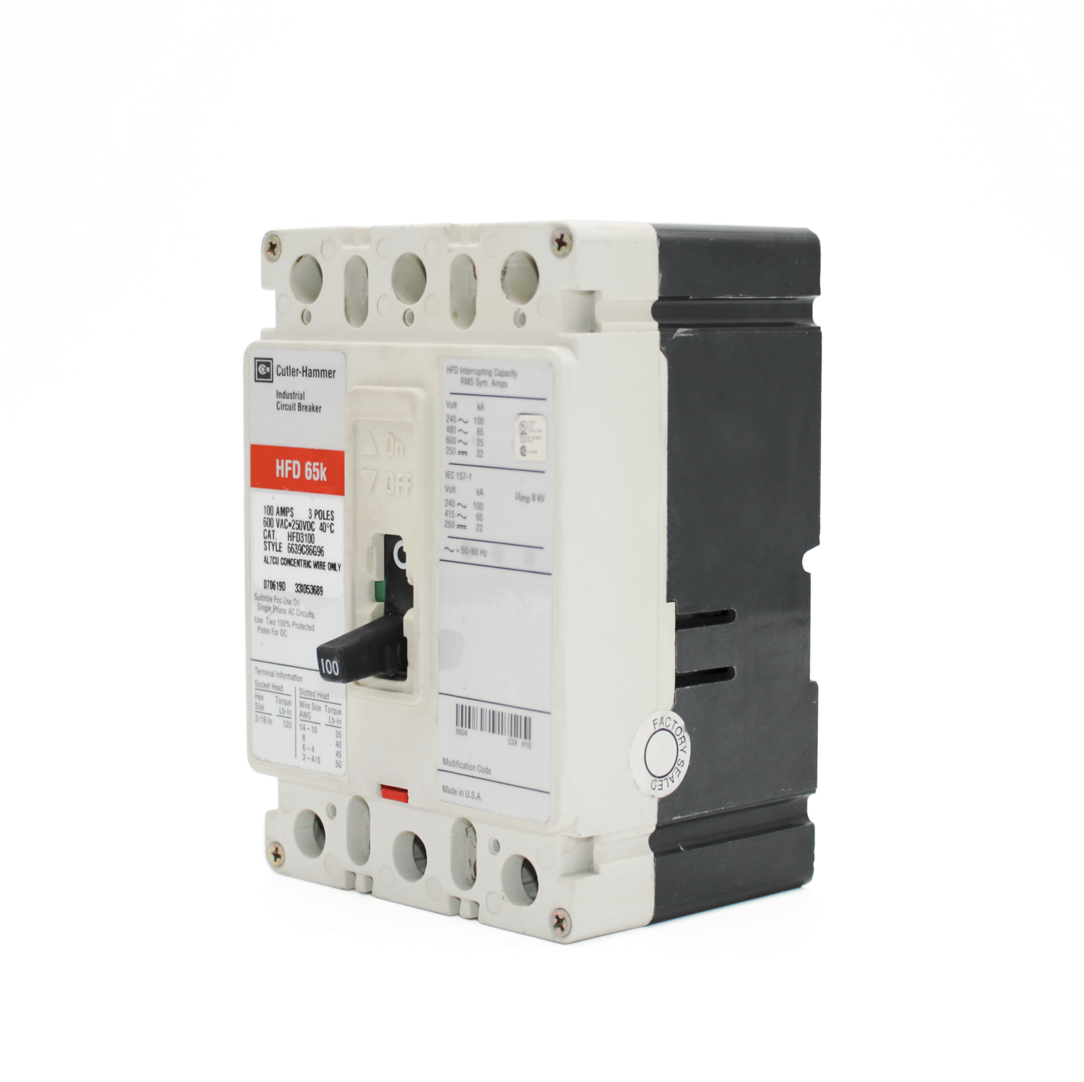 Eaton Series C HFD 3-Pole Circuit Breaker, 600V, 65kAIC (20A-125A)