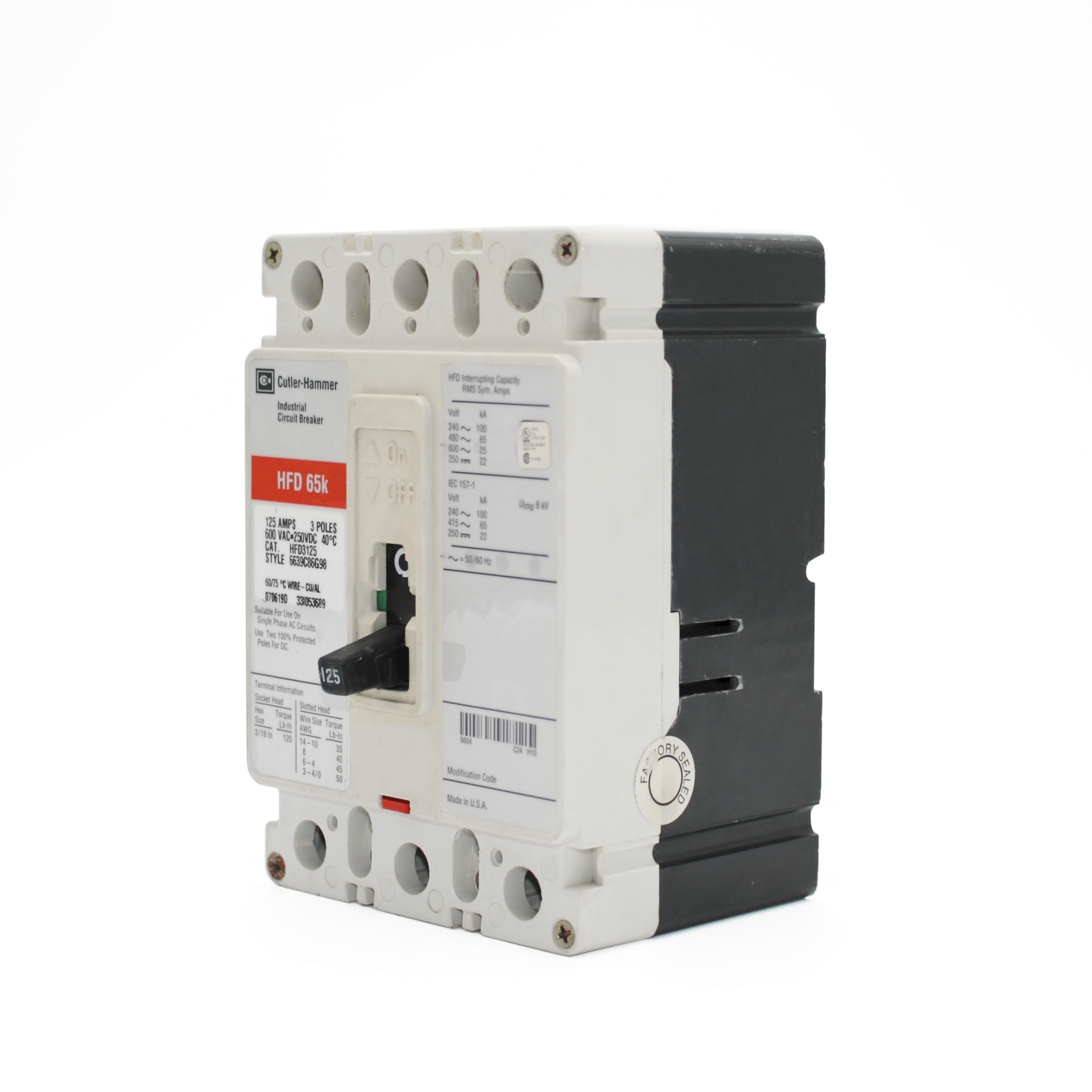Eaton Series C HFD 3-Pole Circuit Breaker, 600V, 65kAIC (20A-125A)