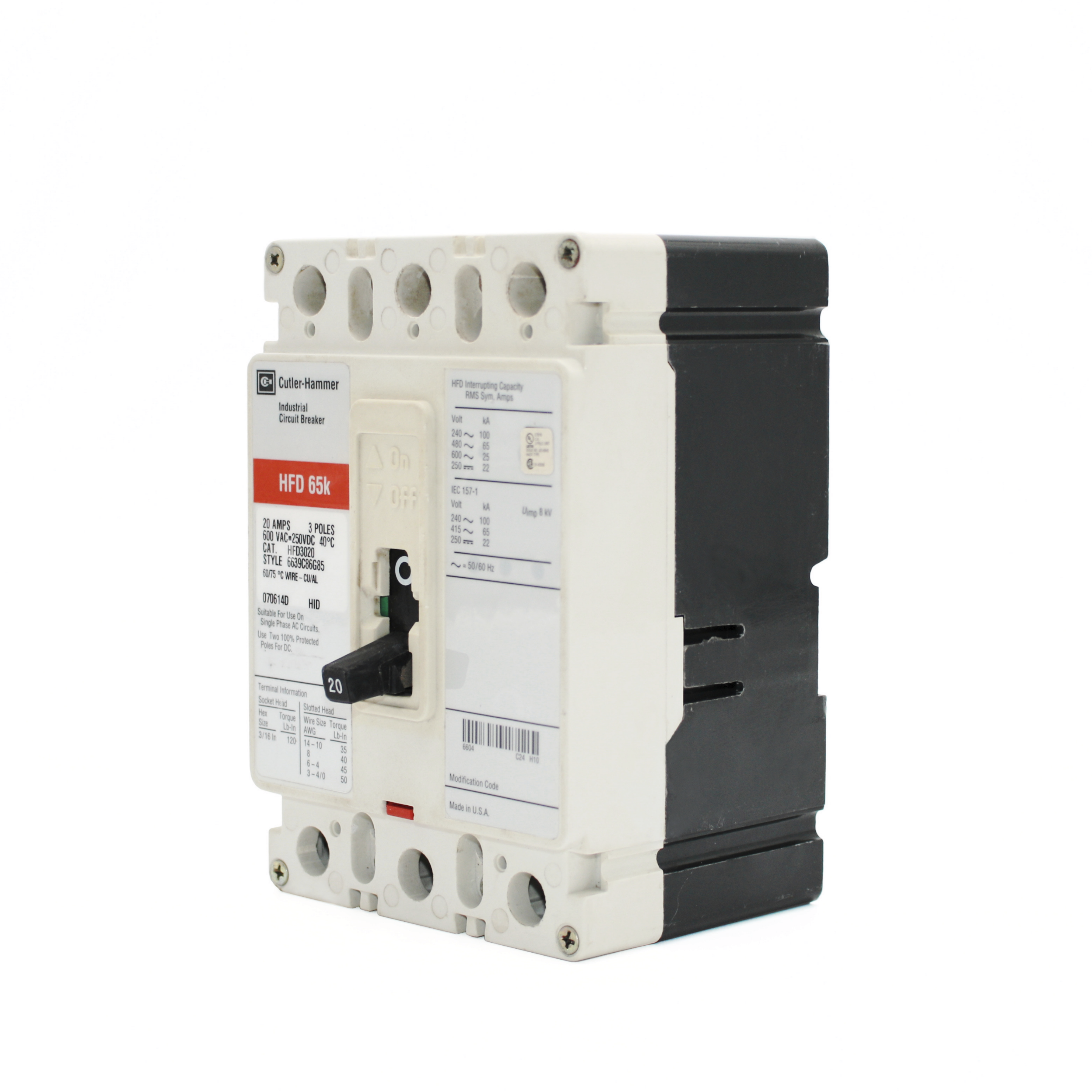 Eaton Series C HFD 3-Pole Circuit Breaker, 600V, 65kAIC (20A-125A)