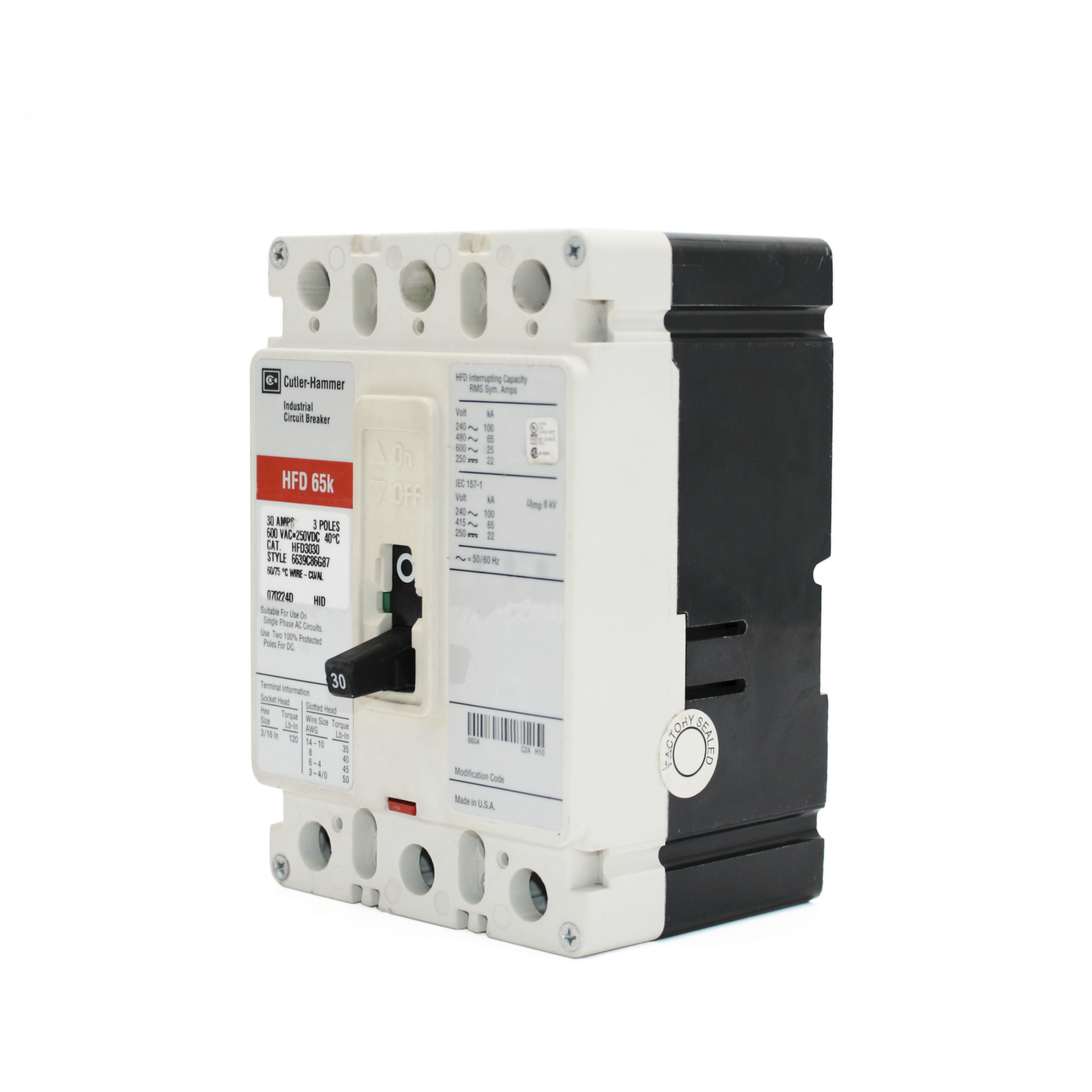 Eaton Series C HFD 3-Pole Circuit Breaker, 600V, 65kAIC (20A-125A)