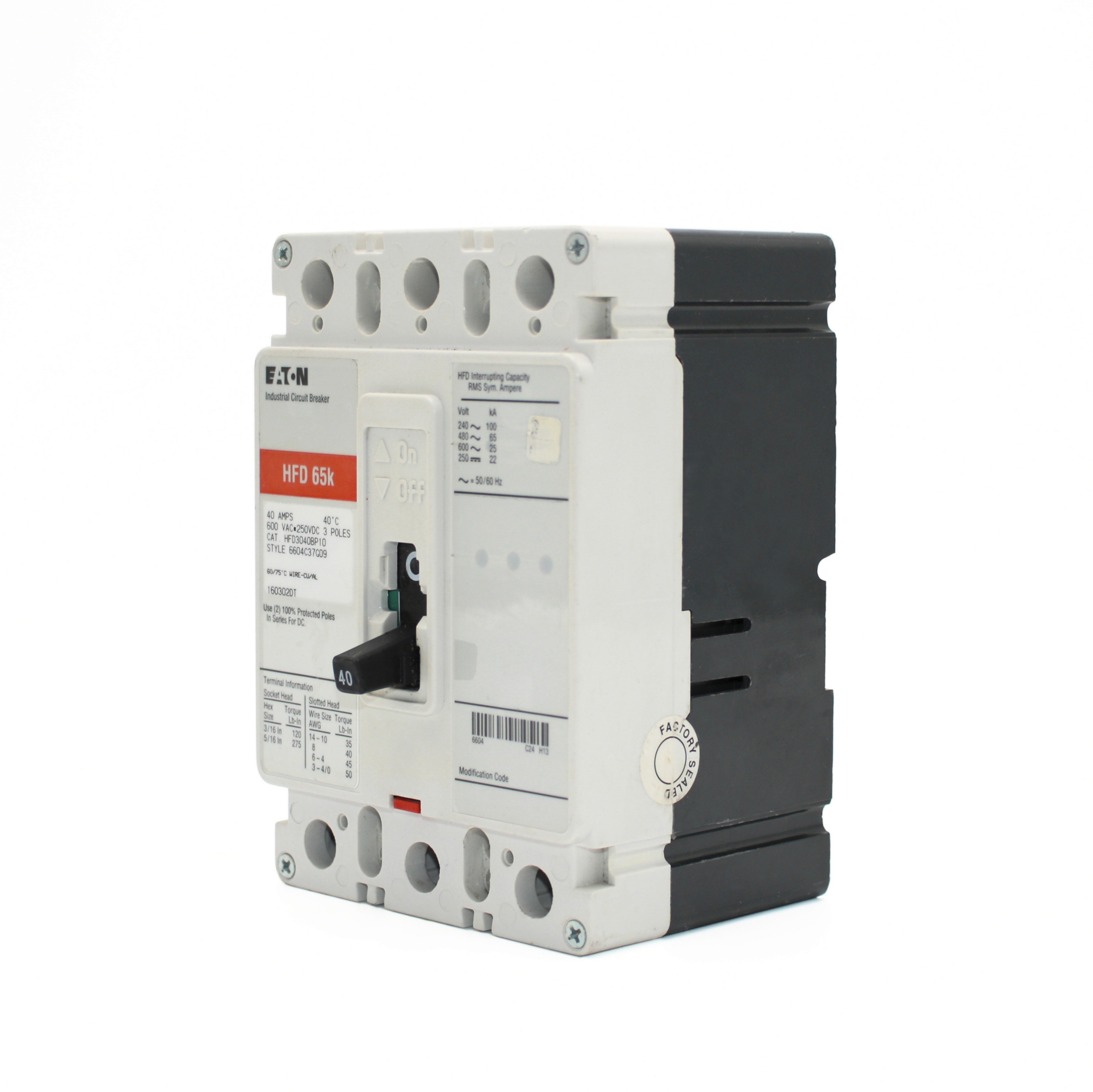 Eaton Series C HFD 3-Pole Circuit Breaker, 600V, 65kAIC (20A-125A)