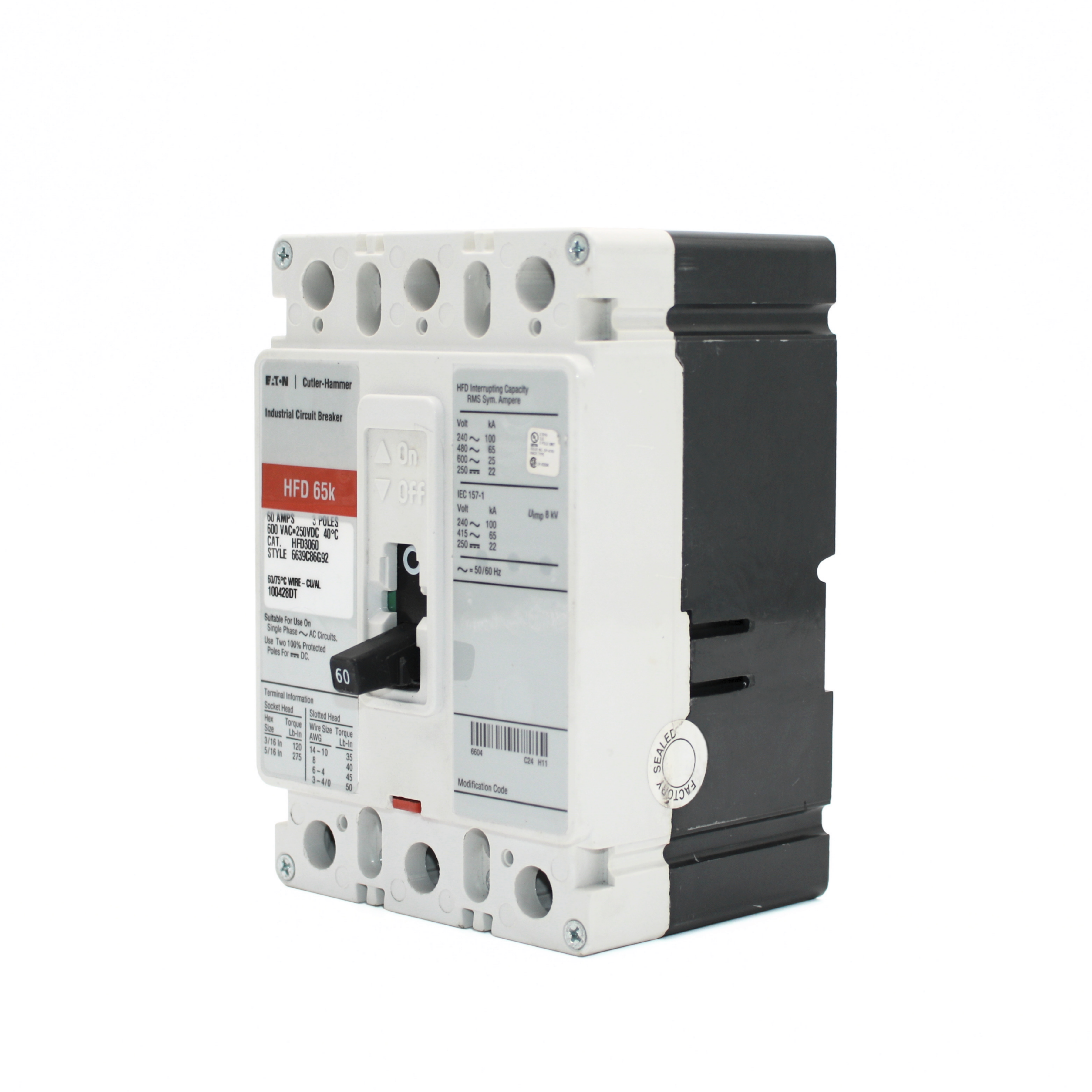 Eaton Series C HFD 3-Pole Circuit Breaker, 600V, 65kAIC (20A-125A)