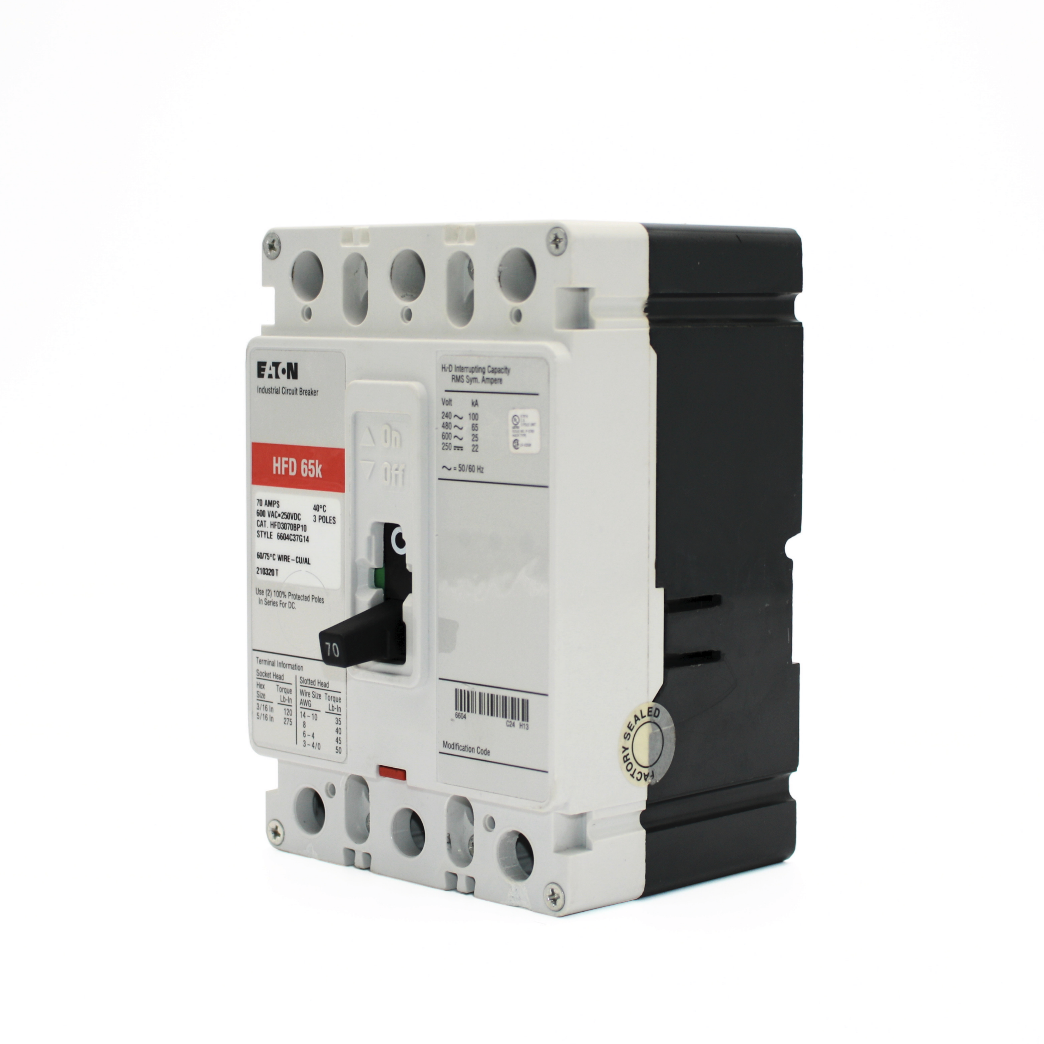 Eaton Series C HFD 3-Pole Circuit Breaker, 600V, 65kAIC (20A-125A)