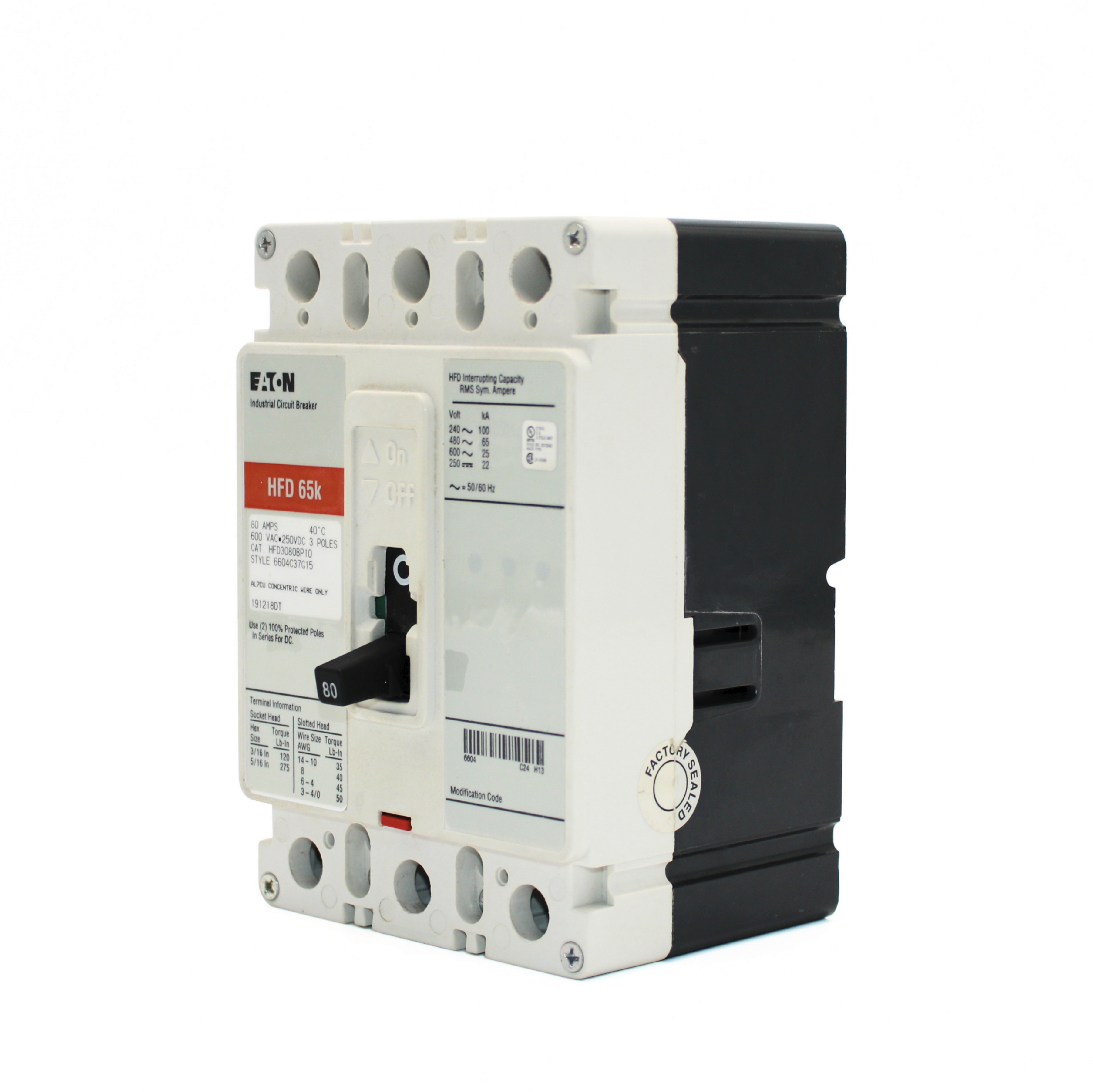 Eaton Series C HFD 3-Pole Circuit Breaker, 600V, 65kAIC (20A-125A)